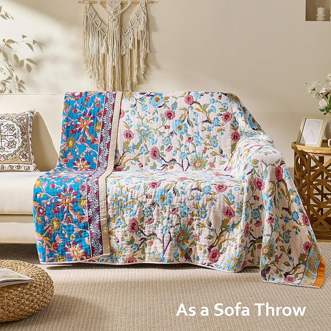 VANJOROY Boho Throw Blanket, 100% Organic Cotton Breathable Skin-Friendly Ultra Soft 60" x 80" Bed Quilt Throw - Floral Rustic Decor Luxury Reversible Blanket for Sofa Couch Chair and Gift,