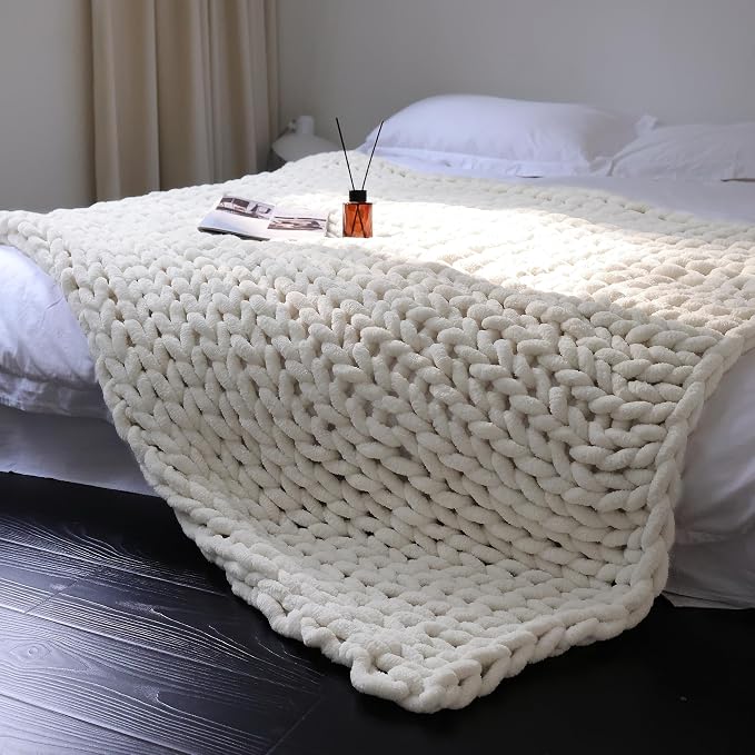 Maetoow Chenille Chunky Knit Blanket,Handmade Cozy for Home Decor,82×86,Cream