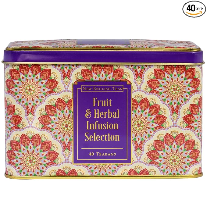 New English Teas Fruit & Herbal Tea Selection Gift Set – 40 Individually Wrapped Caffeine-Free Tea Bags in Decorative Floral Tin – Variety Pack including Peppermint, Berry, & Camomile