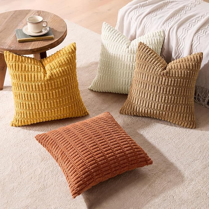 MIULEE Pack of 4 Fall Corduroy Decorative Throw Pillow Covers 18x18 Camel | Neutral Rustic Farmhouse Boho Soft Striped Pillow Covers,Home Decor for Sofa,Living Room,Couch,Bed