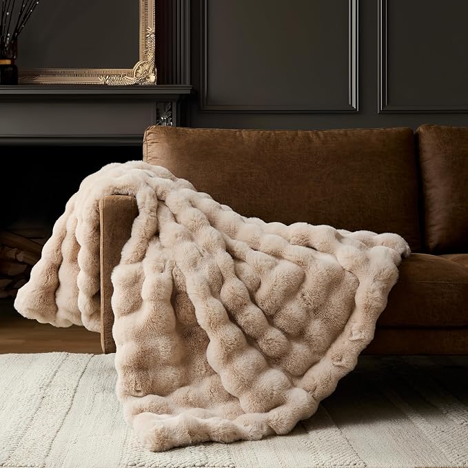 WDCOZY Luxury Bubble Throw Blanket, Faux Fur Mink Plush Throw for Couch, Sofa and Bed, Soft Fluffy Fuzzy Furry Cozy Blanket, Thick and Warm, 50x60 inches, Beige Tan Taupe Camel, 950 GSM