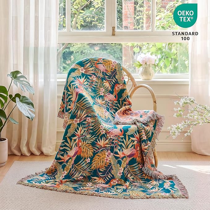 MSGKV Boho Throw Blanket 50"x60" Vintage Jungle Bird Blanket for Couch | Muslin Throw, Jungle Bird Pattern, Reversible Woven, Lightweight Comfort, Farmhouse Decor, All Seasons, Machine Washable