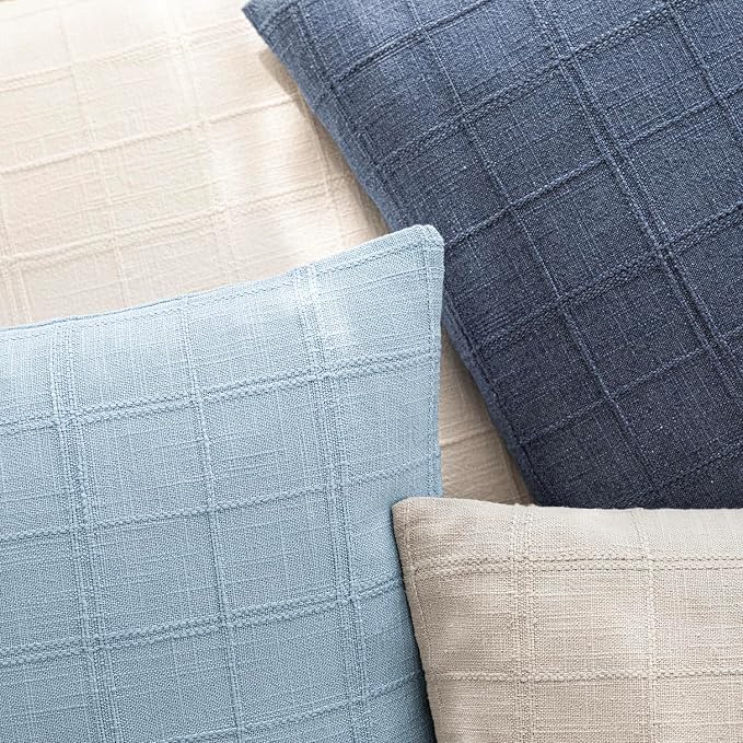 Foindtower Set of 2 Decorative Linen Check Throw Pillow Covers Neutral Farmhouse Vintage Cushion Covers Modern Boho Accent Home Decor for Sofa Chair Couch Bedroom Living Room,16×16 Inch,Sky Blue