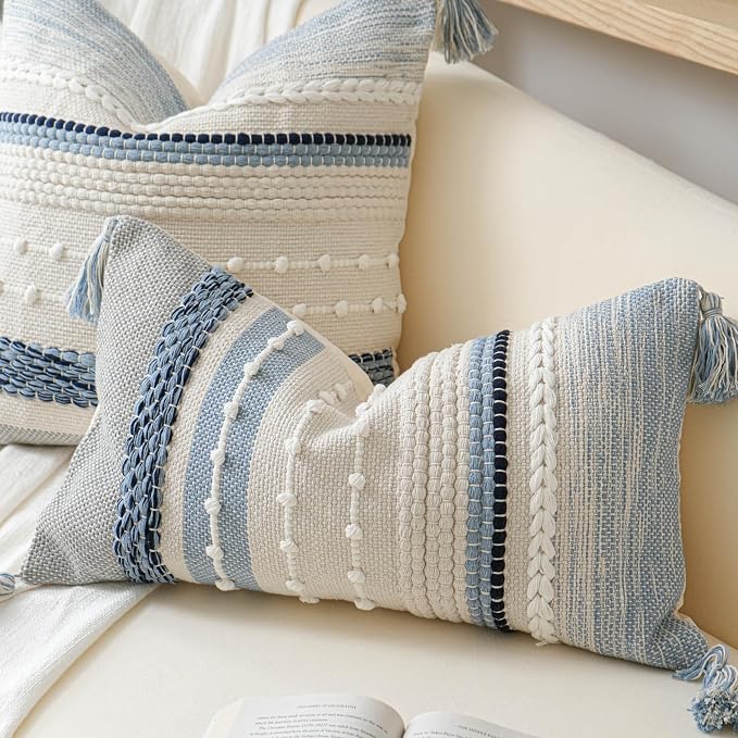 Coastal Blue Boho Decorative Throw Pillow Cover 20x20 Modern Bohemian Accent Pillow Case Square Woven Textured Farmhouse Pillows for Couch Bed (Pack of 1)