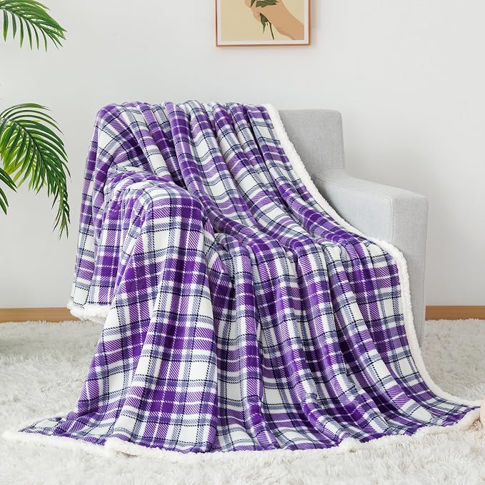 Sherpa Plaid Throw Blanket, 60" X 70"Fuzzy Fluffy Cozy Soft Blanket, Fleece Flannel Plush Twin Size Microfiber Blanket for Couch Bed Sofa,Purple