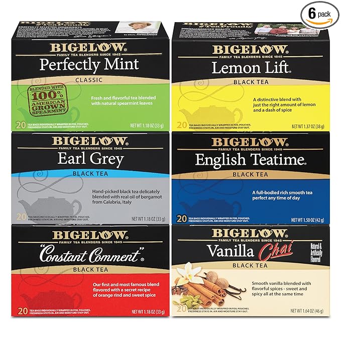 Bigelow Tea Black Tea 6 Flavor Variety Pack, Caffeinated Tea with Mint, Lemon, Constant Comment, English Teatime, Earl Grey, and Vanilla Chai, 20 Count Box (Pack of 6), 120 Total Tea Bags