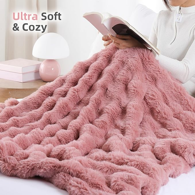 Faux Rabbit Fur Throw for Couch - Old Pink Bubble Blanket 50"x60" | Fluffy Plush Fuzzy Throw for Sofa & Bed, Super Soft Cozy Comfrt Blanket, Luxury Aesthetic Pink Decor Gift for Women