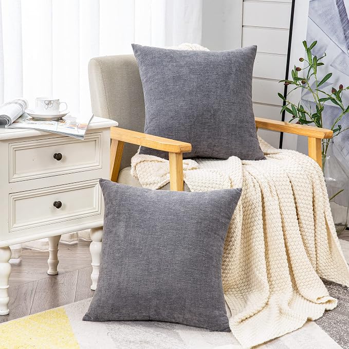 GAWAMAY Decorative Chenille Throw Pillow Covers 24x24 Inch Pack of 2, Soft Square Couch Pillow Cover for Sofa Cushion Living Room Bedroom Solid Dyed Pillowcases Grey 60x60cm (ONLY Covers)