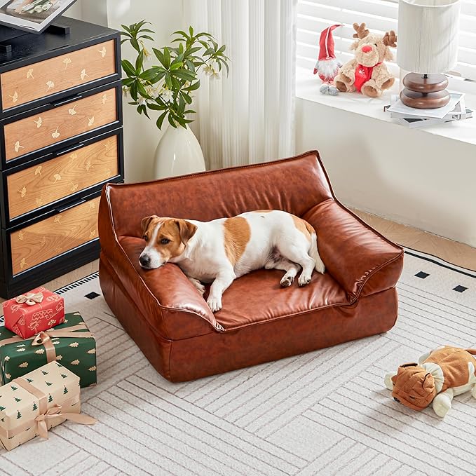 Dog Couch Bed Leather Cat Sofa for Small and Medium Pets Under 50 lbs | Brown Mid Century Modern Elevated Dog Sofa Chair, Luxurious Indoor Furniture Style Pet Supplies for Puppy