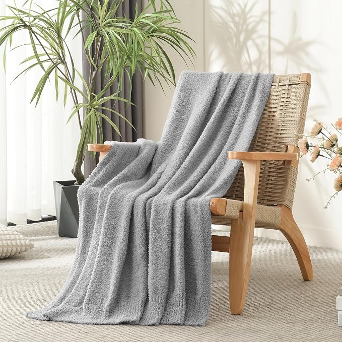Grey Throw Blanket for Bed, Super Soft Knit Blankets, Cozy Fleece Fuzzy Fluffy Plush Chenille Throws Blanket for Couch, Sofa, Light Gray, 60 x 80 inches