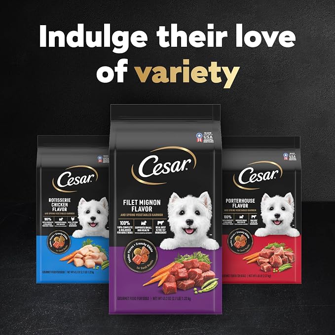 Cesar Small Breed Dry Dog Food, Chicken & Spring Vegetables Flavor, 12 lb | Made in USA, Real chicken #1 ingredient, 26 essential nutrients, supports small breed health, no artificial flavors