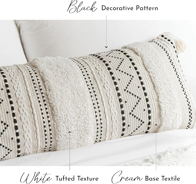 20X54 Oversized Large Lumbar Pillow Cover for Bed, Rectangular Long Decorative Throw Pillowcase, Cotton Boho Accent Cushion with Black Tufted Pattern and Tassels, Cream Neutral (Cover Only)