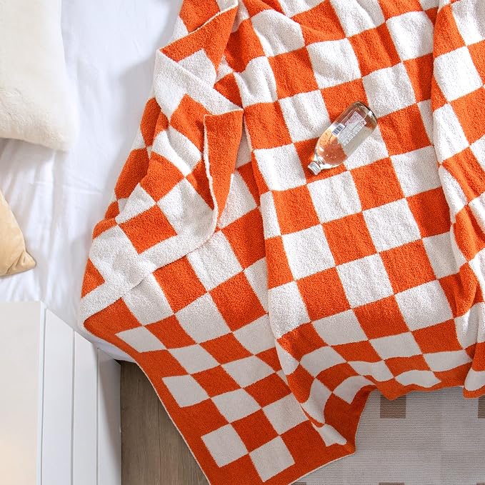 SeaRoomy Fuzzy Checkered Throw Blanket for Couch,Orange 51"X63" | Warm,Cozy,Fluffy,Lightweight,Gift for Women Couch Sofa Bed Room Home Decor