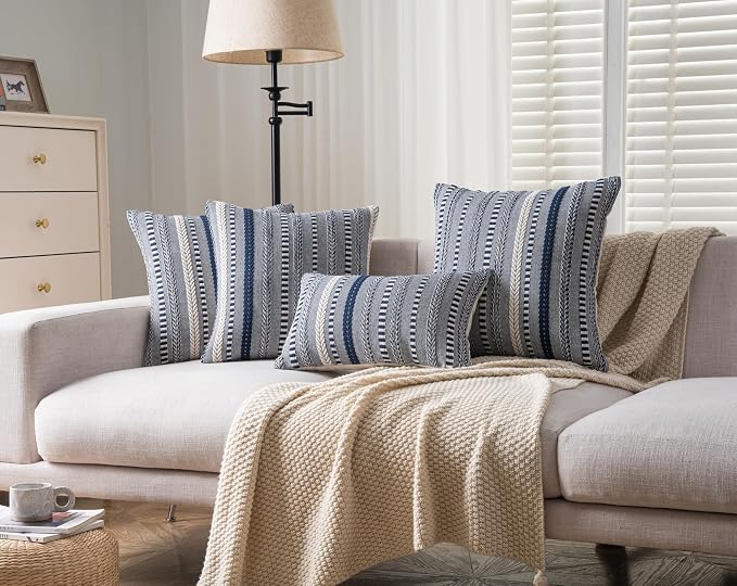Cethom Boho Throw Pillow Covers 18x18 Inch Set of 2, Farmhouse Decorative Couch Pillow Cases, Navy Blue Accent Pillows of Bed, Sofa Bedroom Living Room Home Decor Cushion Cover
