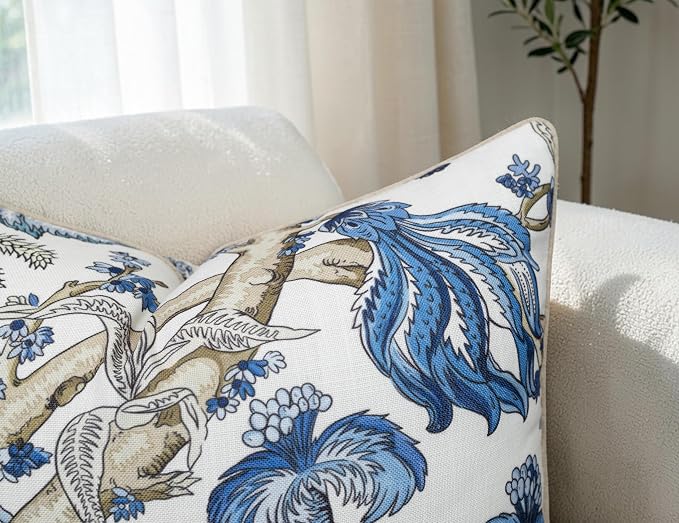 Blue Floral Branch Print 20x20 Throw Pillow Cover, Blue | Blue botanical branch branch on off-white slub, tan piping; both sides printed; hidden z; cover only