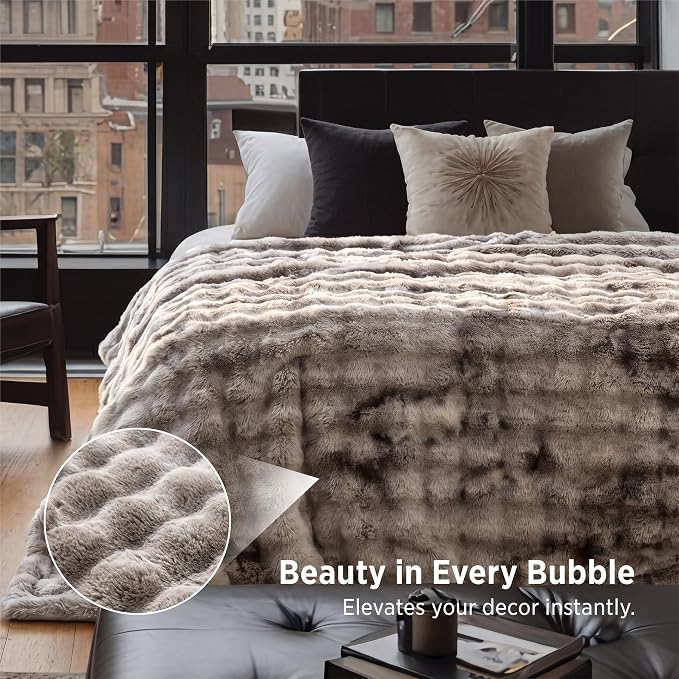 Bedsure GentleSoft Bubble Faux Fur King Size Blanket for Bed, Fluffy Fuzzy King Blanket for Winter, Soft Cozy Faux Fur Bedding Thick Warm Plush Decor for Bedroom, Tie-dye Brown, 104x90