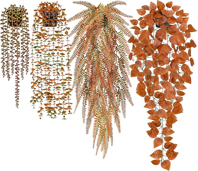 Der Rose 4 Pack Fake Fall Plants Hanging Orange Vines for Fall Wall Decor | 4 different orange vines for autumn decor accents, fall living room and bathroom decor, porch, patio and covered decor
