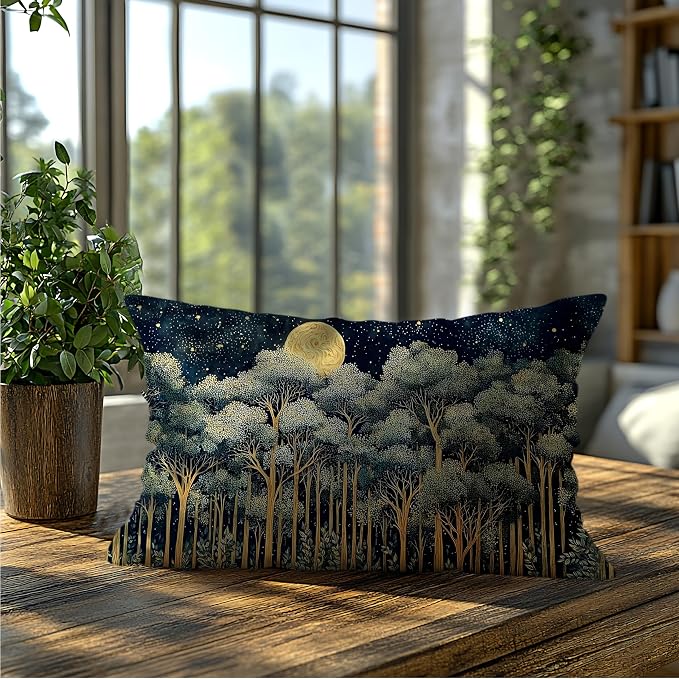 Rustic William Morris Night Forest Green Moon Decor Pillow Covers 20x12,Vintage Botanical Nature Landscape Decorative Throw Pillow Covers for Home Bedroom Living Room
