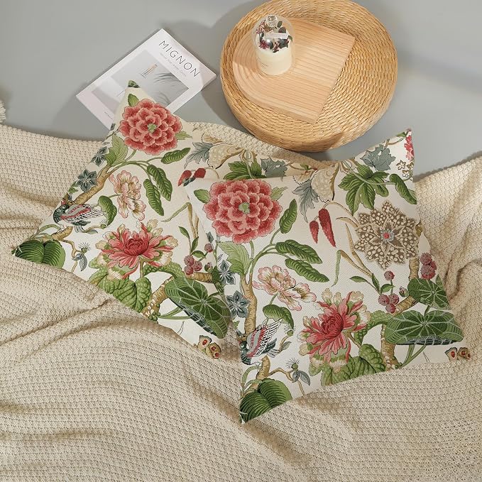 Sage Green Pink Pillow Covers 18x18 Inch Set of 2 Vintage Pink Floral Throw Pillows Chinoiserie Flower Decorative Pillow Case Outdoor Linen Farmhouse Cushion Cover for Couch Sofa Decorations