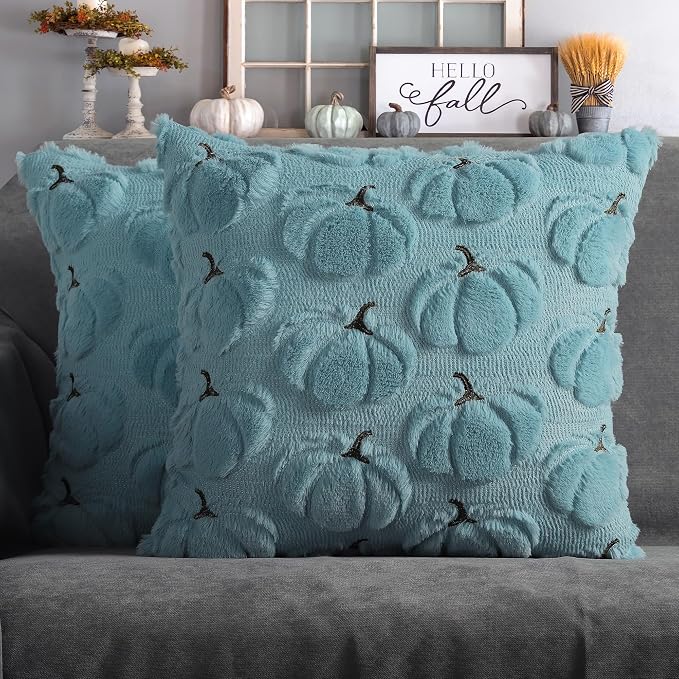 Fall Pumpkins Decorative Pillow Covers 20x20 Set of 2, Light Blue Soft Plush Faux Fur Wool Farmhouse Throw Cushion Cases for Autumn Thanksgiving Holiday Home Decorations
