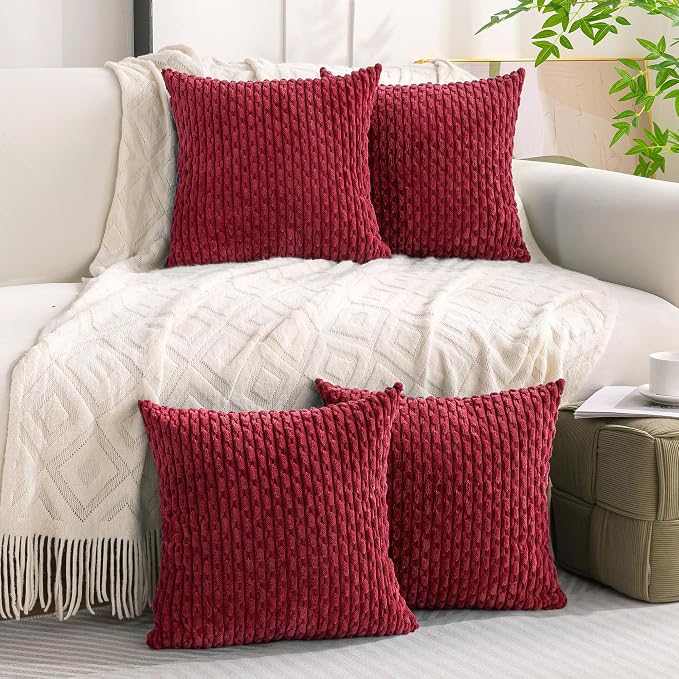 Set of 4 Burgundy Decorative Throw Pillow Covers 20x20 Inch Corduroy Pillow Covers for Bed Couch Sofa Living Room Soft Square Cushion Cases