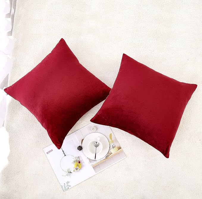 NiNi ALL Burgundy Red Velvet Throw Pillow Covers 20x20 Pack of 2 Decorative | Soft Solid Boho Cushion Squar Pillow Cases for Chair Sofa Bedroom Farmhouse Living room Modern Luxury Home Decor Christmas