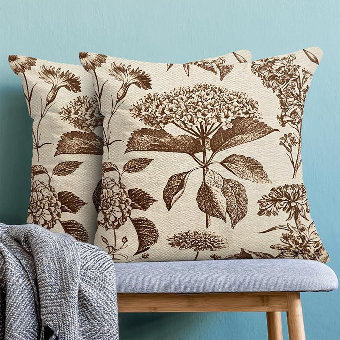 Floral Pillow Covers 18x18 Set of 2 Vintage Brown Hydrangea Herbs Botanical Throw Pillow Cover Outdoor Decoration Boho Flower Pillowcase Farmhouse Decorative Cushion Case for Home Sofa Couch