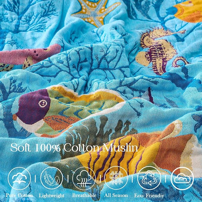 XIBLC Boho Throw Blanket 100% Cotton Vintage Blanket Muslin Woven Flower Decorative Throw Blankets All Season Bohemian Rustic Farmhouse Decor Quilt for Bed (Blue 60"x80")