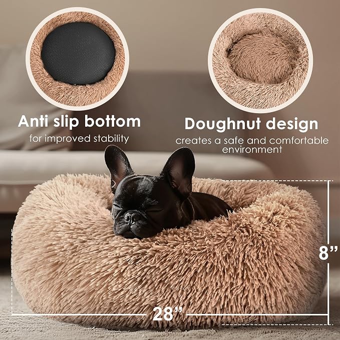 28in Large Dog Bed, Medium Size Dog and Cats, Calming Donut Bed for Puppy and Kitten, Washable Round Fluffy Pet Bed (Camel)