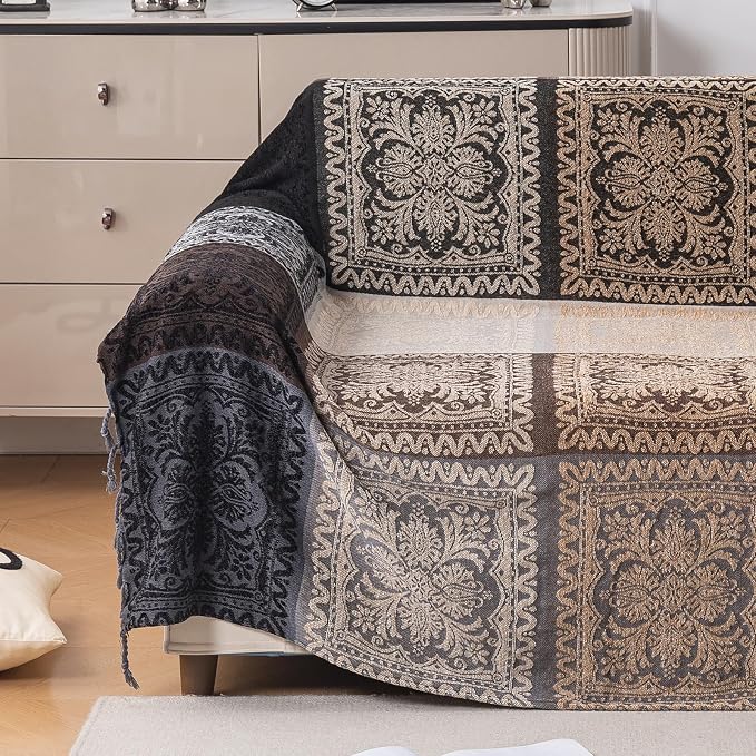 Boho Throw Blanket, Chenille Jacquard Tassels Throw Blankets for Bed Couch Soft Chair， Bohemian Fringe Tassels (Black, Large 86 * 102Inches)
