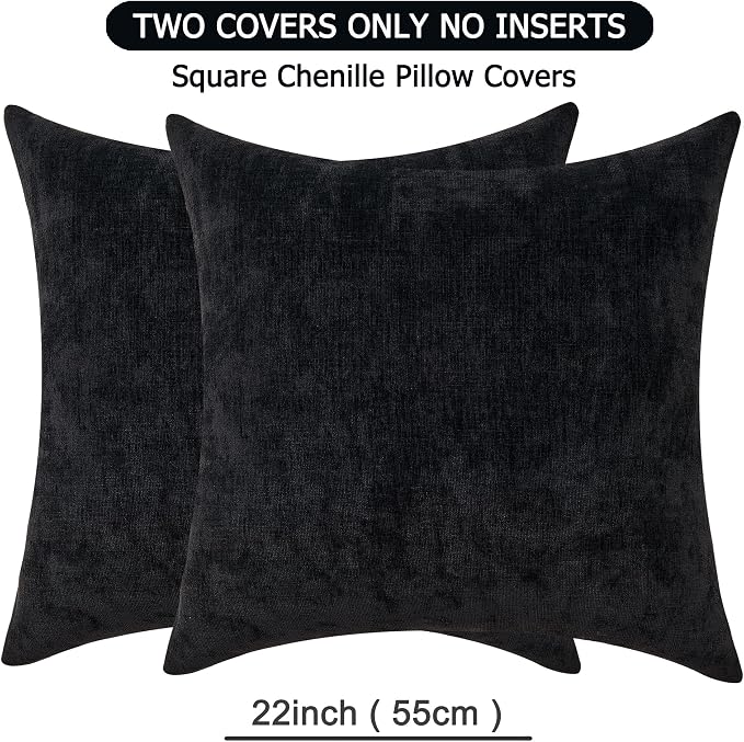 GAWAMAY Decorative Square Throw Pillow Covers 22"x22" Inch Set of 2, Super Soft Chenille Pillows Farmhouse Fall Pillowcase for Living Room Bedroom Sofa Couch Cushion Cover Black 55x55cm (No Insert)