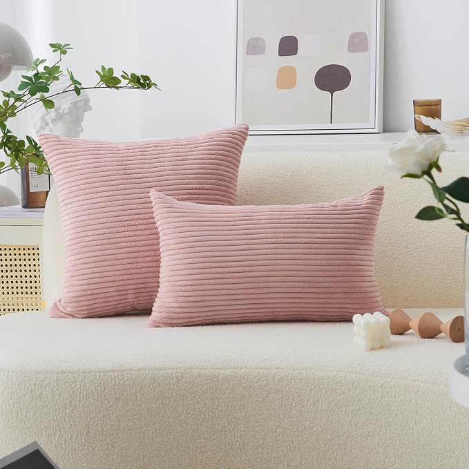 Home Brilliant Pink Throw Pillow for Bedroom Stripe Plush Velvet Corduroy Throw Euro Pillow Sham Decorative Pillow Cover for Sofa Wedding for Room, 26 x 26 inch (66cm), Baby Pink