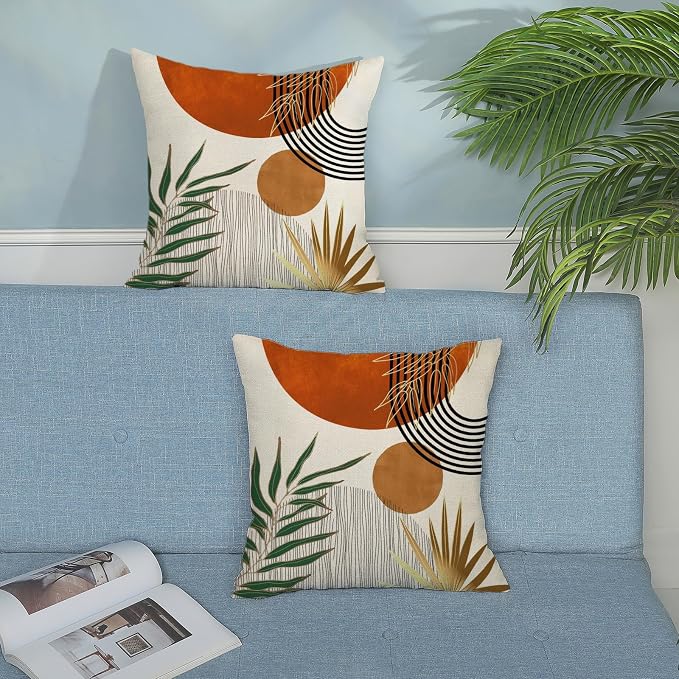 Boho Pillow Covers 20x20 Set of 2 Green Gold Orange Throw Pillows Tropical Leaves Sunset Modern Mid Century Decorative Pillowcase Outdoor Bohemian Linen Cushion Case for Couch Sofa Bed Decor