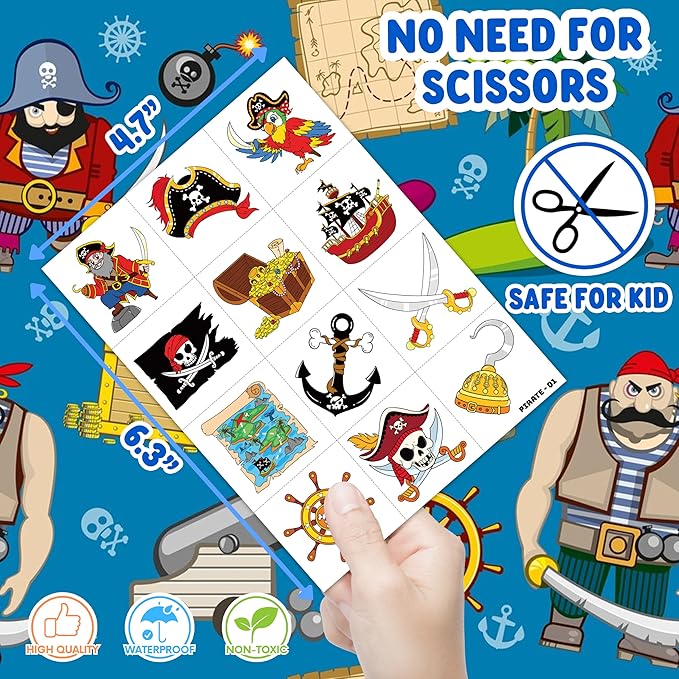 96PCS Pirate Ship Nautical Pre-Cut Temporary Tattoos for Kids | Super Cute Theme Birthday Party Favors, Supplies, Decorations, Mermaid Treasure Fake Tattoo Stickers (Multiple)