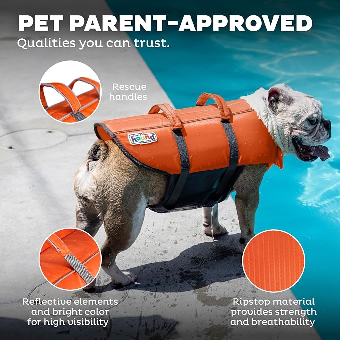 Outward Hound Granby Splash Dog Life Jacket, Life Vest, Orange, XL | Max Buoyancy, Adjustable Fit, Head/Neck Support, Rescue Handle, Reflective, Swimming & Boating, XL Dogs (33–44" Girth)