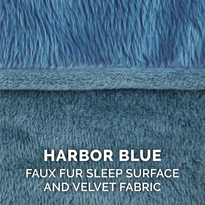 Furhaven Cooling Gel Dog Bed for Medium/Small Dogs w/ Removable Bolsters & Washable Cover, For Dogs Up to 35 lbs - Faux Fur & Velvet Sofa - Harbor Blue, Medium