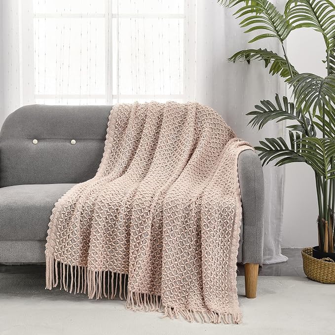 CREVENT Farmhouse Boho Knitted Throw Blanket for Couch Sofa Chair Bed Home Decoration, Soft Warm Cozy Light Weight for Spring Summer Fall (50''X60'' Blush Pink)
