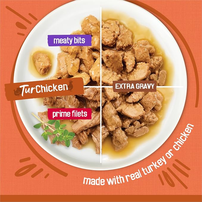 Purina Friskies Wet Cat Food Gravy Variety Pack, TurChicken Extra Gravy Chunky, Meaty Bits and Prime Filets - (Pack of 40) 5.5 oz. Cans | Made with real chicken; low-magnesium formula balances pH and boosts immune defense, with no artificial flavors or...