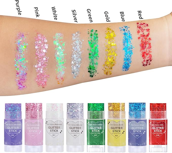 Silver Hair Glitter Stick, Chunky Sequins Body Face Glitter for Kids,Rave Music Festival Singer Concert Outfits for Women,Waterproof Halloween Shimmer Accessories for Parties & Events