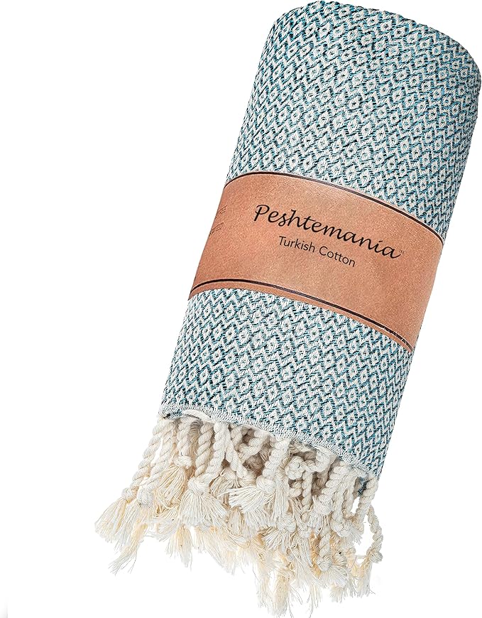 Peshtemania Premium Cotton Throw Blanket, 50x60 inches, Light Blue, Turkish Herringbone, Farmhouse Decor, Yoga Blanket, Picnic Blanket