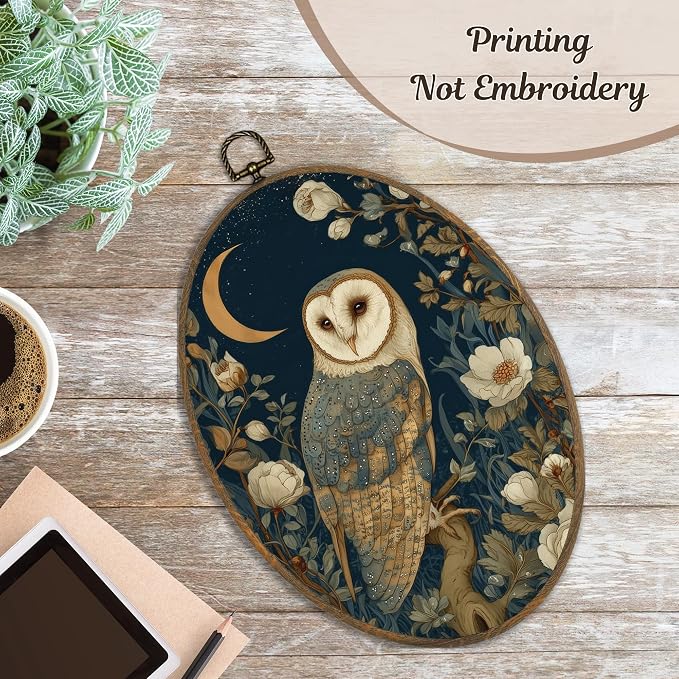 LKETW Vintage Owl Floral Oval Wall Art Decor, Rustic Cottagecore Bird Oval Canvas Hanging Decor, Dark Academia Barn Owl Wildlife Wall Decorations for Home Bedroom Living Room, 8.6x11.4 Inch