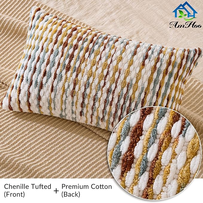 Set of 2 Boho Chenille Pillow Cover Decorative Tufted Pillowcase for Couch Bed Sofa Bedroom Living Room Modern 12 x 20-Inch Brown