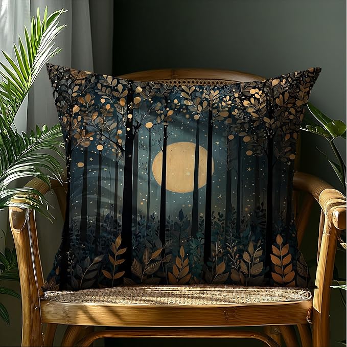 Rustic William Morris Style Black Moon Pillow Covers 18x18,Vintage Black and Gold Forest Moon Botanical Nature Landscape Decorative Throw Pillow Covers for Home Bedroom Living Room