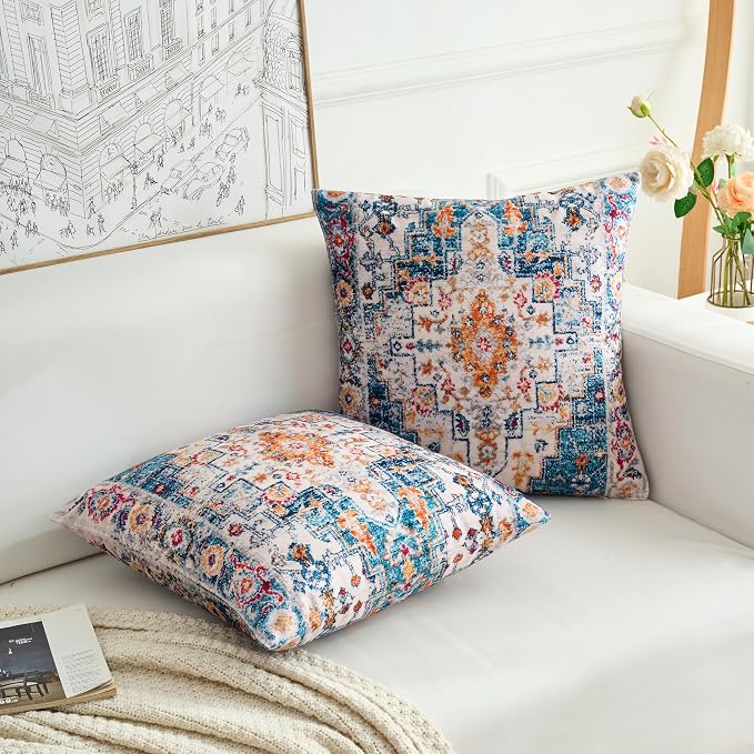 Boho Throw Pillow Covers 18x18 inch Set of 2,Boho Vintage Carpet Pattern Antique Ethnic Decor Double Sided Pattern Cushion Cover Soft Pillow Case Living Sofa Room Bed Square Pillow Cover