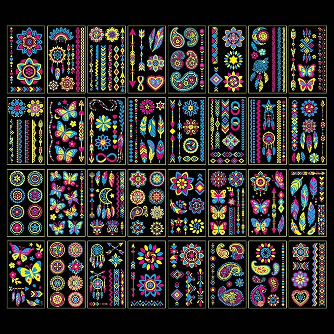 Glow in the Dark Party Supplies Temporary Tattoos 192+ PCS, Neon UV Blacklight Reactive Face Tattoos for for Party Supplies, Fluorescent Henna Flower Temporary Tattoos for Adults, Teens