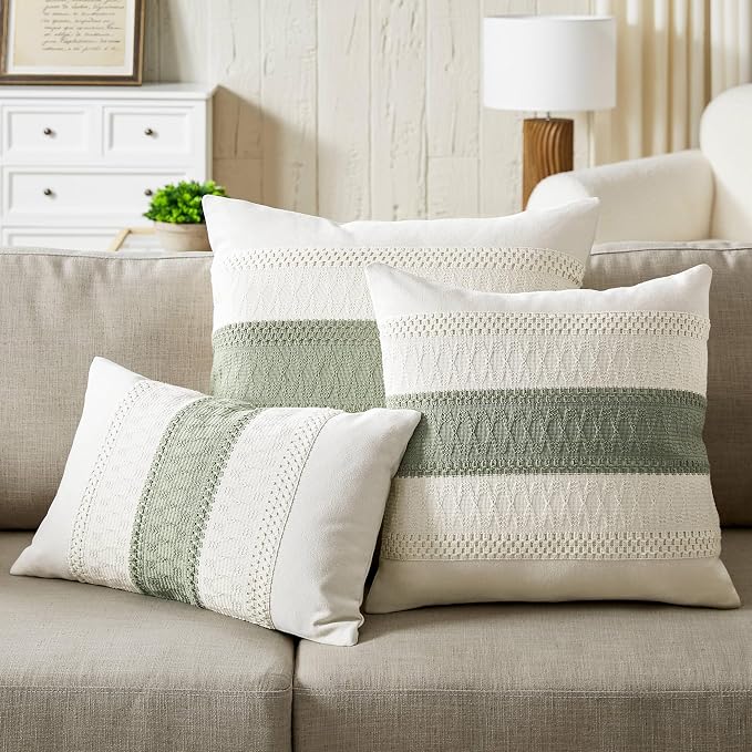 2 Pack Boho Throw Pillow Covers, Contrast Green 24x24in | Soft Breathable Cotton, Farmhouse Decorative Couch Pillow Cases, Cushion Covers for Sofa Bed Living Room Home Decor