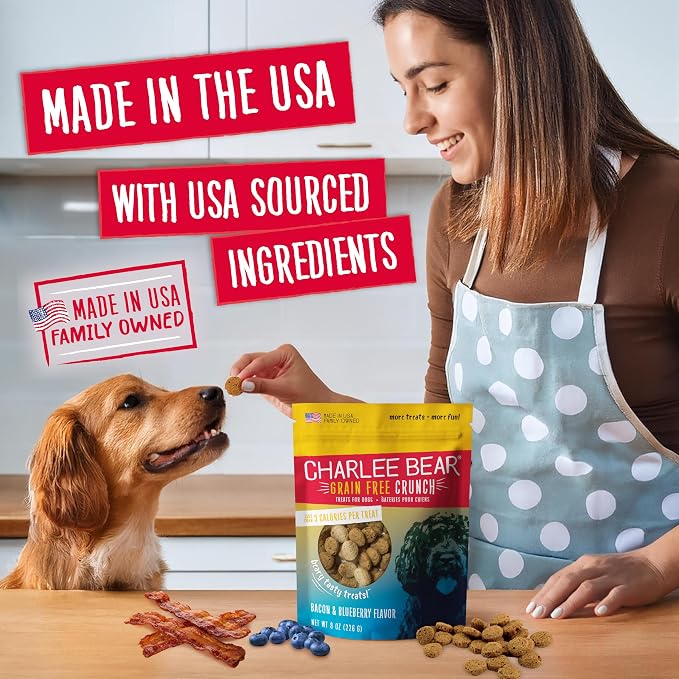 Charlee Bear Grain Free Dog Treats, Bacon & Blueberry, 8 oz | Pocket-sized Dog Training Treats, Crunchy Dog Treats, Limited Ingredient Recipe, Under 3 Calories per Treat, Made in USA