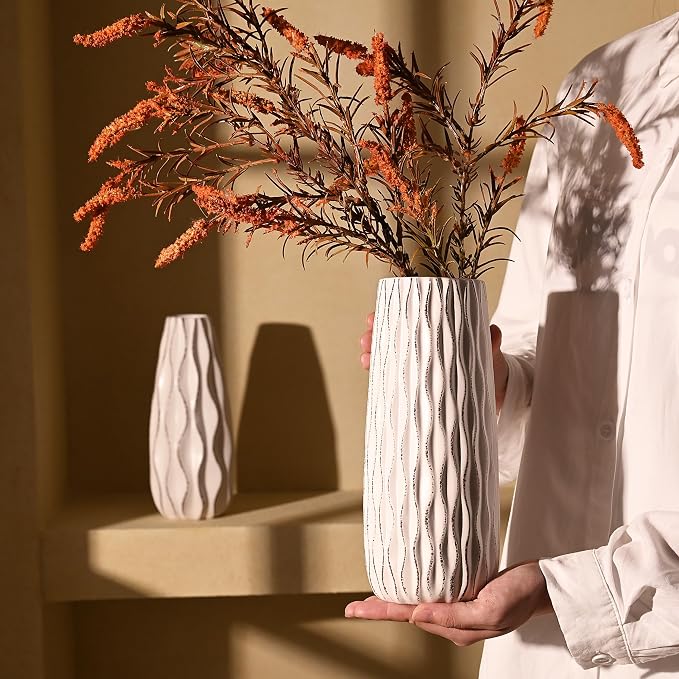 VICTOR & TERESA Ceramic Vase for Flowers, 10'' Set of 2 Decorative White Vases for Home Decor, Farmhouse Vases for Pampas Grass, Table, Mantel, Living Room, Shelf, Centerpieces, Gifts for Mom