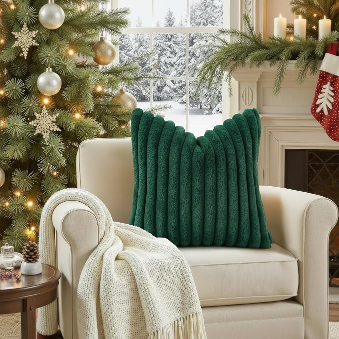 decorUhome Fall Faux Fur Throw Pillow Covers 12x20 Set of 2 Christmas Green | Decorative Soft Cozy Striped Plush Modern Farmhouse Boho Couch Pillow Cases Velvet Back for Sofa Bed Living Room Home Decor