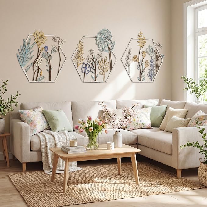 Peryiter 3 Pcs Metal Flower Wall Decor Minimalist Floral Wall Hanging Decor Floral Metal Rustic Flower Art for Summer Living Room Bathroom Kitchen Indoor Outdoor(Beige Gold)